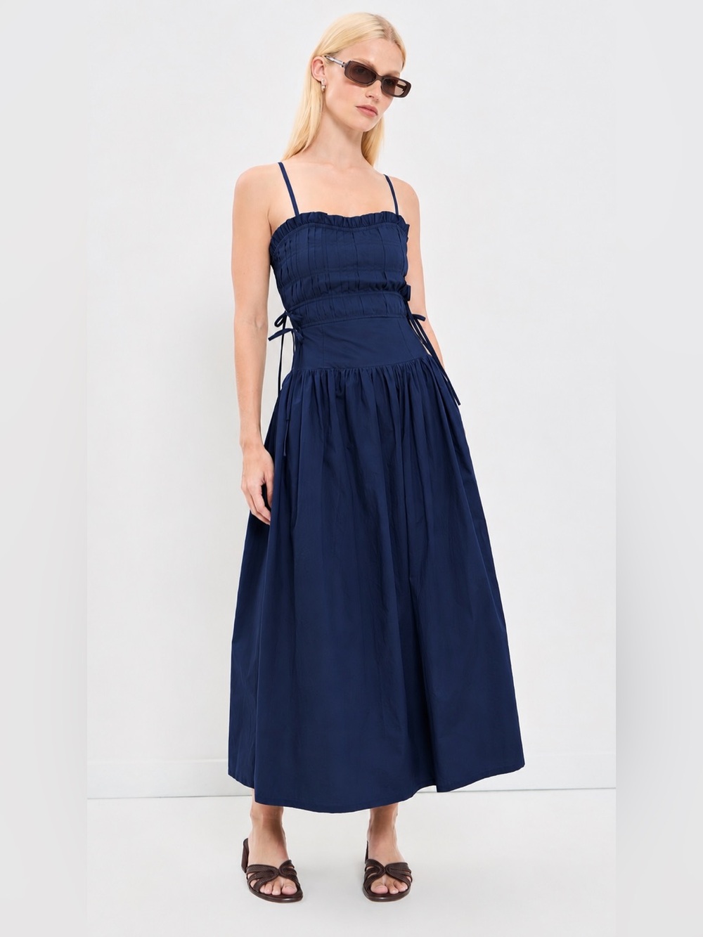 Moon River Navy Smocked Midi Dress - size medium - New